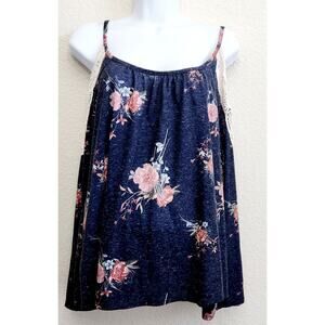 Rewind Blue Floral Print Cold Shoulder Top Large Lightweight Crochet Detail Soft